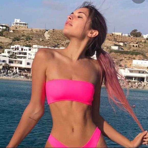 Hoaka‎ Swimwear Neon Pink Strapless Bandeau Bikini 2 Piece Set XS - Picture 1 of 5